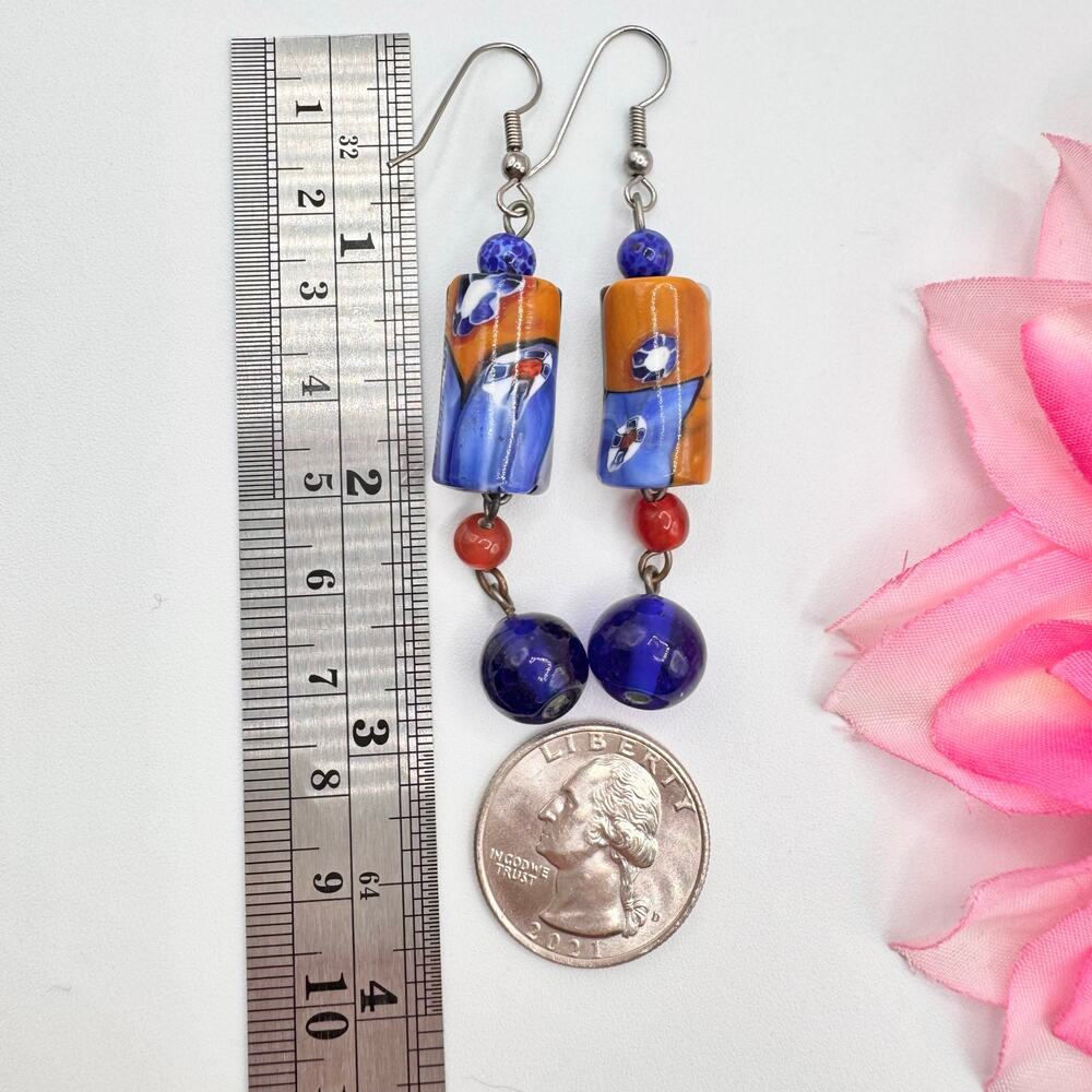 Art Glass Millefiori Beaded Dangle Earrings Artisan Art Teacher Artsy Fun - Picture 8 of 10